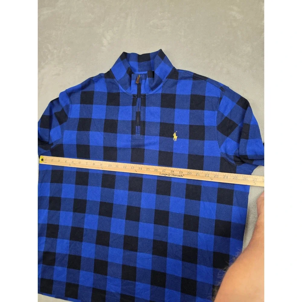 Polo Ralph Lauren Quarter Zip Sweater Men XL Blue Check Estate Rib Buffalo Plaid